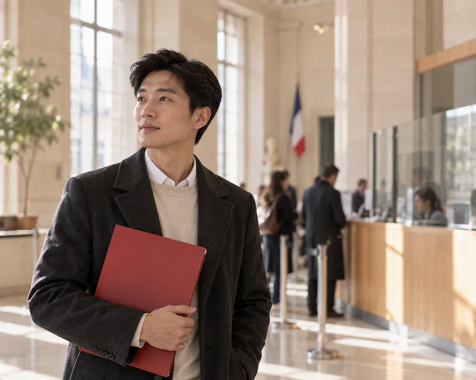 Jeune homme avec un dossier rouge dans le hall d'une administration