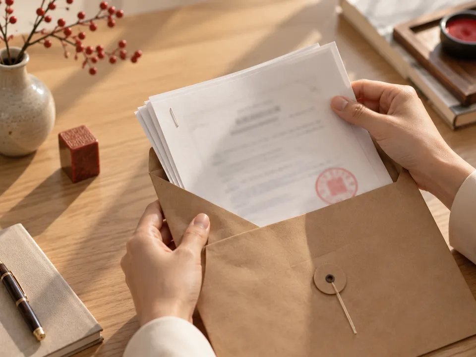 Mains sortant des traductions tamponnées d'une enveloppe kraft