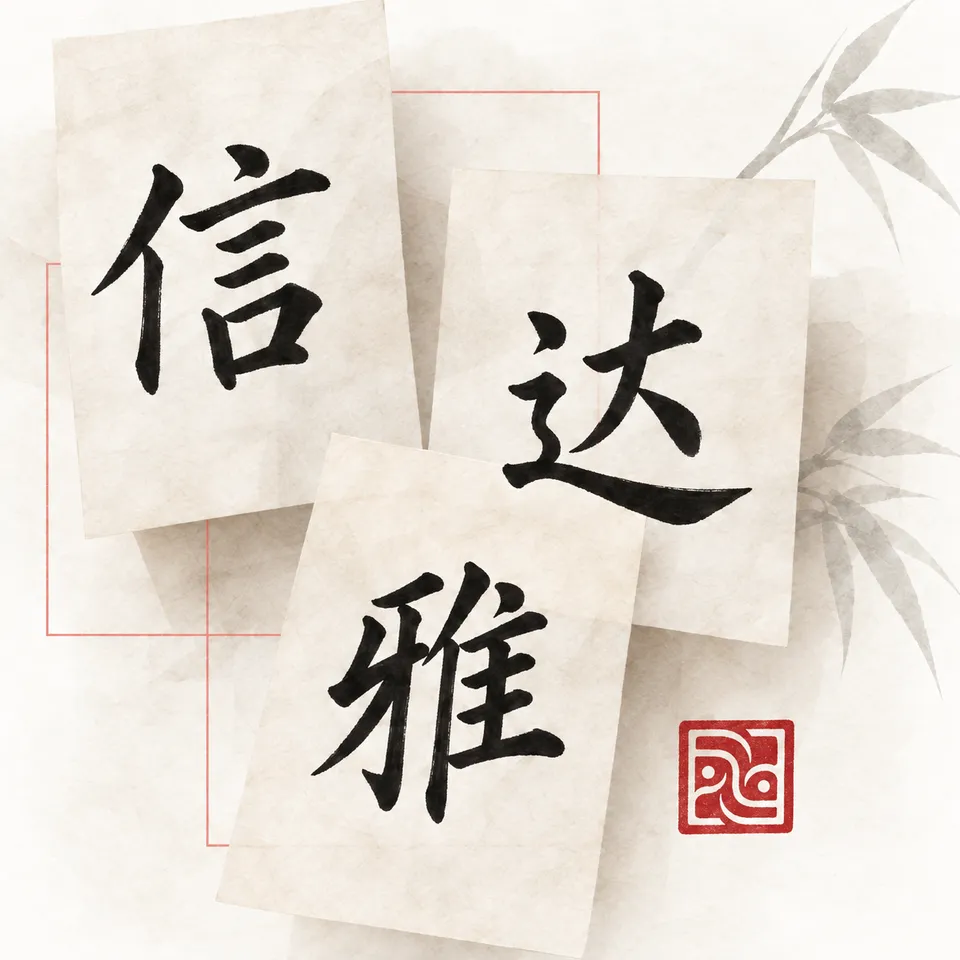 Les caractères 信, 达 et 雅 calligraphiés sur papier, avec un sceau rouge
